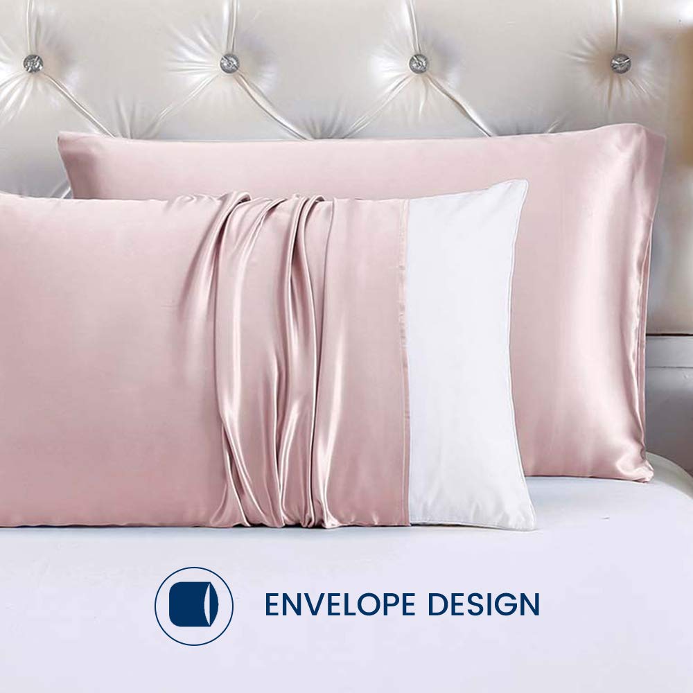 Lot de 2 taies d'oreiller 100 % pure soie anti-plis et soins de la peau 22 mommes douceur luxueuse Rose pastel 65 x 65 cm