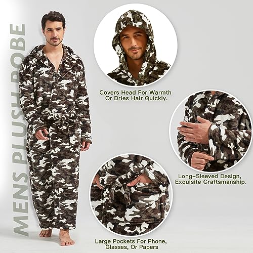 Image of FashGudim Mens Robes Big and Tall with Hood Two-Tone Flannel Fleece Contrast Bathrobe Full Length Plush Long Robe House Coat