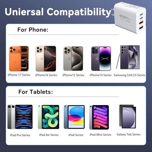 Image of USB C Wall Fast Charger Block, 40W 4-Port Type C Chargers Fast Charging Blocks PD Power Charger Adapter+QC 3.0 USB Multiport Charger Brick for Phone 17 /16 /15 /14 /13 /12 Pro Max, i-Pad, Galaxy S25-2Pack