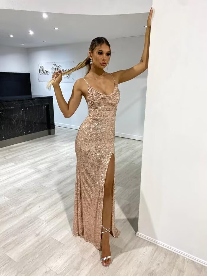 Image of Stylefun Women's Halter Mermaid Prom Dresses with Slit Long Sequin Formal Cocktail Party Dress STN027