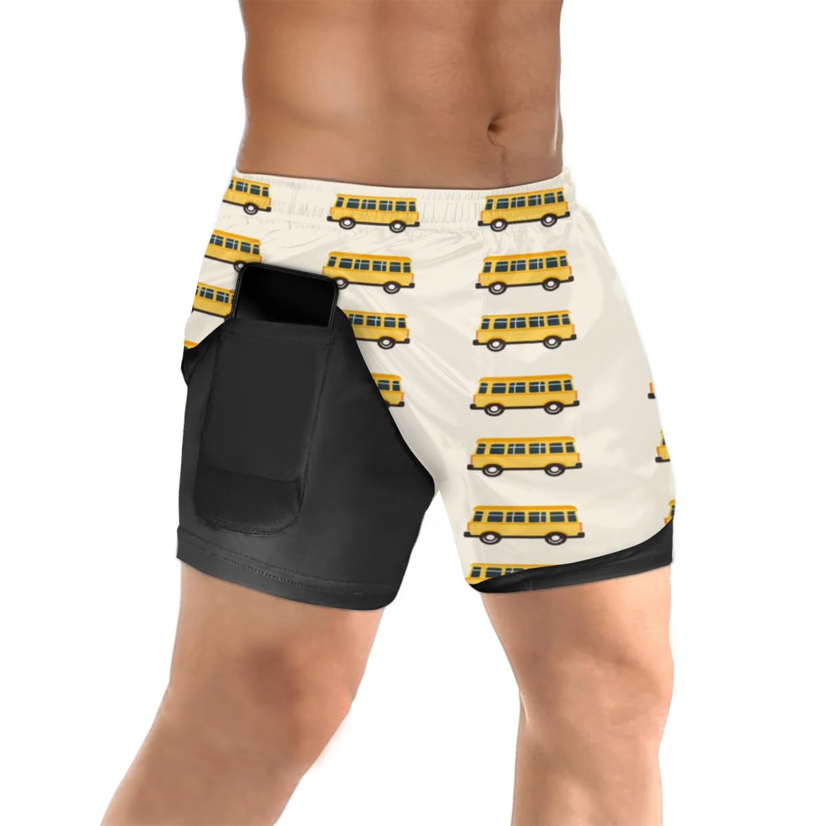Mens 2 in 1 Running Short Buses Car Design Gym Athletic Sport Shorts for Men with Liner Phone