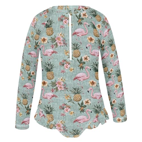 Pink Flamingo Pineapple Girls Long Sleeve Rashguard Swimsuit UV Protection One-Piece Swimwear Bathing Suit B04038572