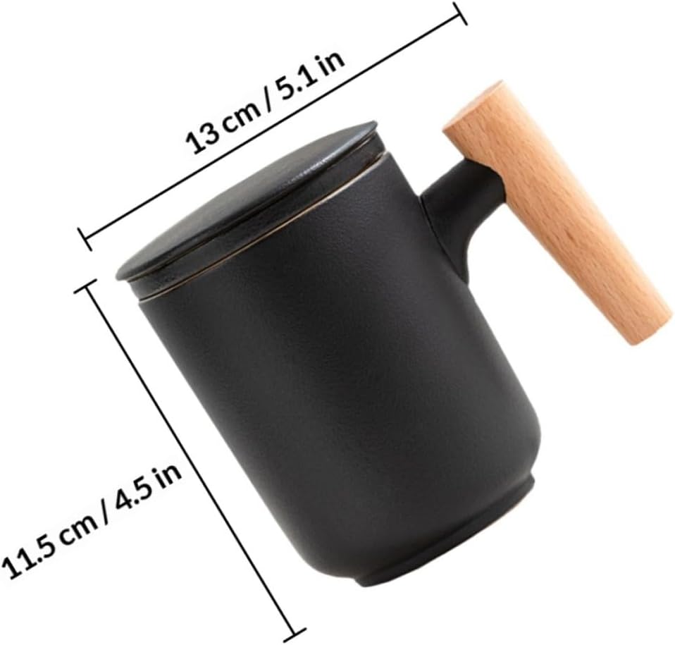 Ceramic Tea Cup with Wooden Handle and Removable Infuser, Black Matte Glaze Water Separation Mug for Office and Home, Single Piece Loose Leaf Steeping Cup