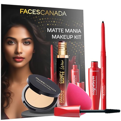 FACES CANADA Matte Mania Makeup Kit – Kajal (0.35g) + Lipstick (3.8ml) + Compact (9g) + Mascara (9.5ml) + Beauty Blender | Pack of 5 | Makeup Kit For Women