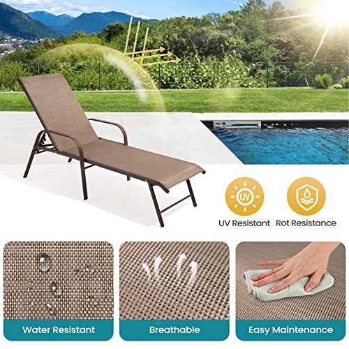 Pellebant Adjustable Patio Chaise Lounge Chair, 5 Positions And Flat Position, Folding Outdoor Recliners For Beach, Pool And Yard, 2 Pcs, Brown #TOP6