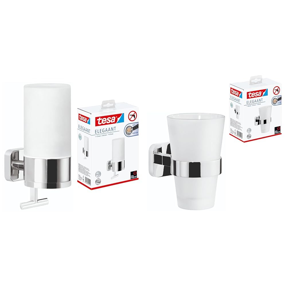 tesa® ELEGAANT Design-Seifenspender + tesa® ELEGAANT Zahnbürstenhalter, edles Design, Metall, verchromt, Milchglas, inkl. Klebelösung