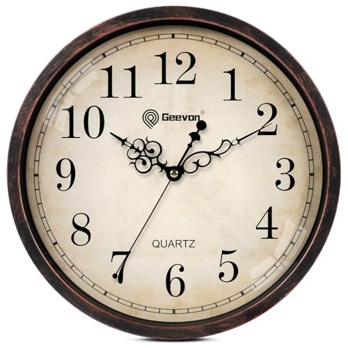 Geevon Retro-Wanduhr geräuschlos Nicht tickend rund Vintage Quarz dekorative batteriebetriebene Wanduhr für Küche Büro Klassenzimmer Schlafzimmer Wohnzimmer (Retro Dunkelbraun 12 Zoll)