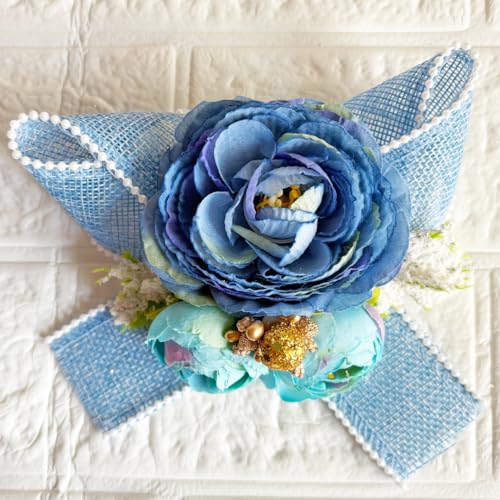 Image of ADIKALA Handmade Artificial Big Peonies 3 Flower Bunch for Trousseau Packing, Ready to use Flower Brooch Hamper for Decoration, Gift Wrapping Flowers (3, Blue Jute)