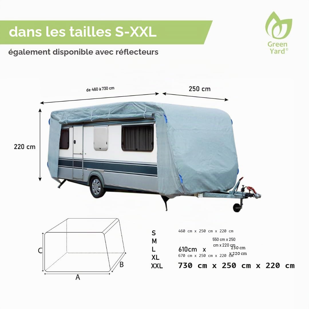 GreenYard® Bâche de Protection pour caravanes ou Camping-Cars | Taille XL 670 x 250 x 220 cm | Housse de Camping | Protection Contre la poussière et l'humidité | Respirant | Durable