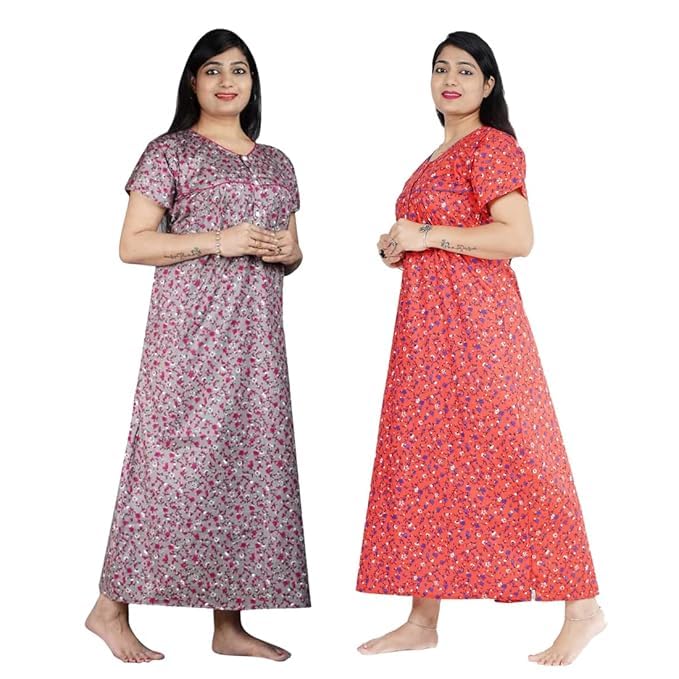Women's Cotton Nighty – Pack of 2 Printed Ankle-Length Maxi Gowns | Free Size Sleepwear Night Dress | Soft & Breathable Fabric | Multicolour-image-12