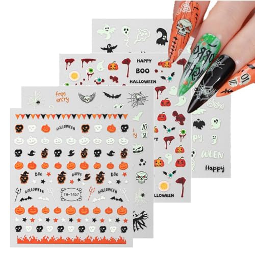 CEJAS 4 folhas autocolantes de unhas, autocolantes de unhas estilo Halloween brilhantes, autocolantes para unhas, abóboras, caveiras, fantasma, acessórios de decoração unhas para o Halloween