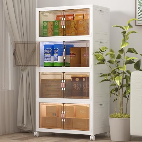 4 Tier Stackable Plastic Storage Bins with Lid and Wheels, Foldable Storage Containers with Lids and Wheels for Clothes, Snacks, Collapsible Container for Home Office Outdoor