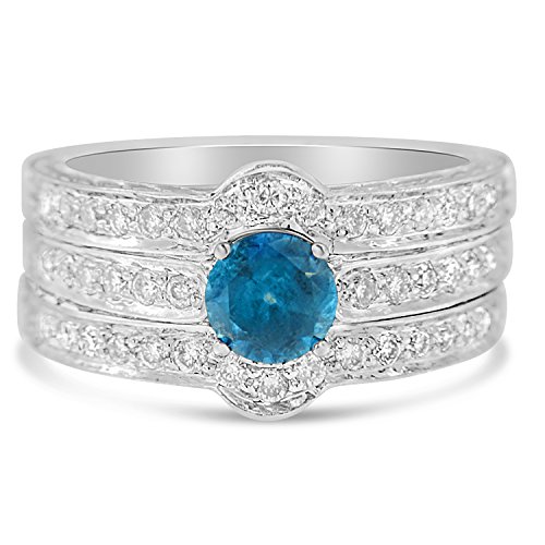 Original Classics 14K White Gold Treated Blue Round Diamond 3 Piece Engagement Ring Set (1.4 Cttw, Blue Color, SI1-SI2 Clarity) - Size 7