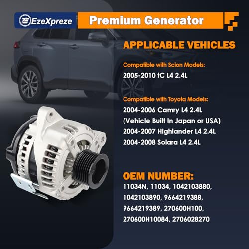 Image of Ezexpreze 11034N Alternator Compatible with Toyota Camry 04-06, Highlander 04-07, Solara 04-08 & Scion tC 05-10, L4 2.4L, 12V 100Amp Clockwise 7-Groove Pulley, OE# 104210-3880, 27060-0H100