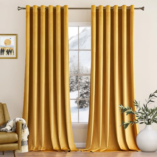 MIULEE Rideaux Velours Jaune Moutarde 200x245 CM Lot de 2, Luxurious Doux Semi-occultant Rideau à Oeillets, Rideau Thermique Isolant Anti Chaleur Velours pour...
