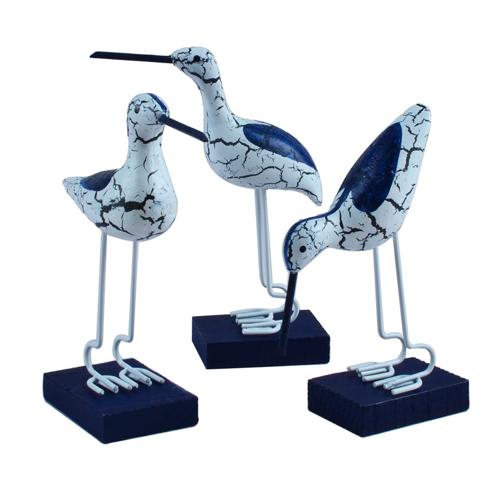 Youugior Blue 3Pcs Coastal Ocean Seagull Wooden Figurine Nautical Decorations Ornaments