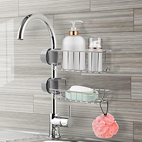 2Pcs Shower Caddies No Drill, Stainless Steel Bathroom Accessories Caddy Storage Shelves,Kitchen Sink Organiser, Shampoo Soap Holder Rack, Rust Free and Drill Free for 18-27mm Shower Rail