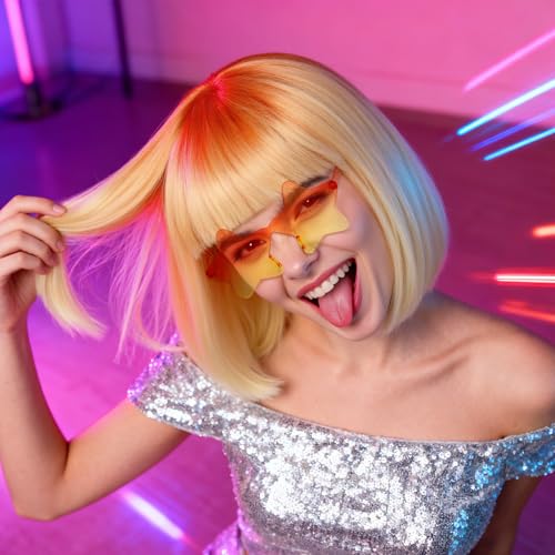 Image of ANOGOL Hair Cap + (Sunglasses) Orange Gradient Bob Wig with Bangs Womens Party Wigs with Star-Shaped Glasses Short Neon Wig Daily Party Fun Wigs Women Halloween Costume Bachelorette Hair