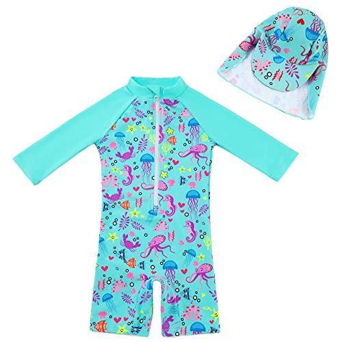 upandfast Baby/Toddler One Piece Zip Sunsuit with Sun Hat UPF 50+ Sun Protection Baby Swimsuit (Green(3/4 s), 6-9 Months)