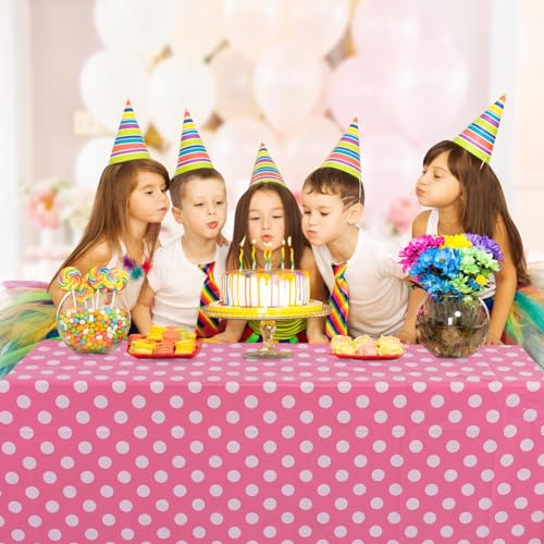 Image of Kesfey 3 Packs Minnie Mouse Tablecloth 54 x 108 Inch Pink Polka Dot Table Cloths Disposable Plastic Pink Waterproof Picnic Table Covers Pink and White Dots Minnie Tablecover for Birthday Party