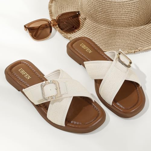 Image of UBFEN Womens Square Toe Flat Sandals Slides Dressy Comfortable for Beach
