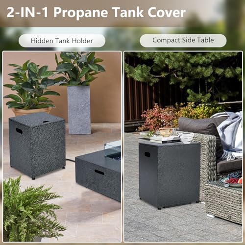 2-Piece Outdoor Propane Firepit Table Set w Tank Table, 36 in Square Gas Fire Pit Table w 16 in Tank Side Table, 50000 BTU Gas Firepit Table w Removable Lid, Wind Guard, Blue Glass Rocks, Rain Cover