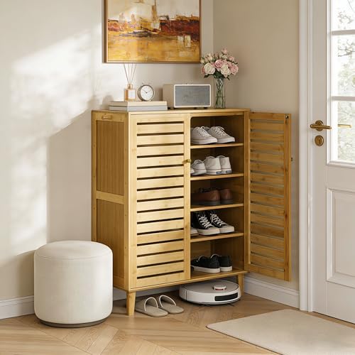 unho Zapatero de Madera con 5 Estantes - Mueble Zapatero con Dos Puertas para Entrada Recibidor, 75x35x103cm - Madera Natural