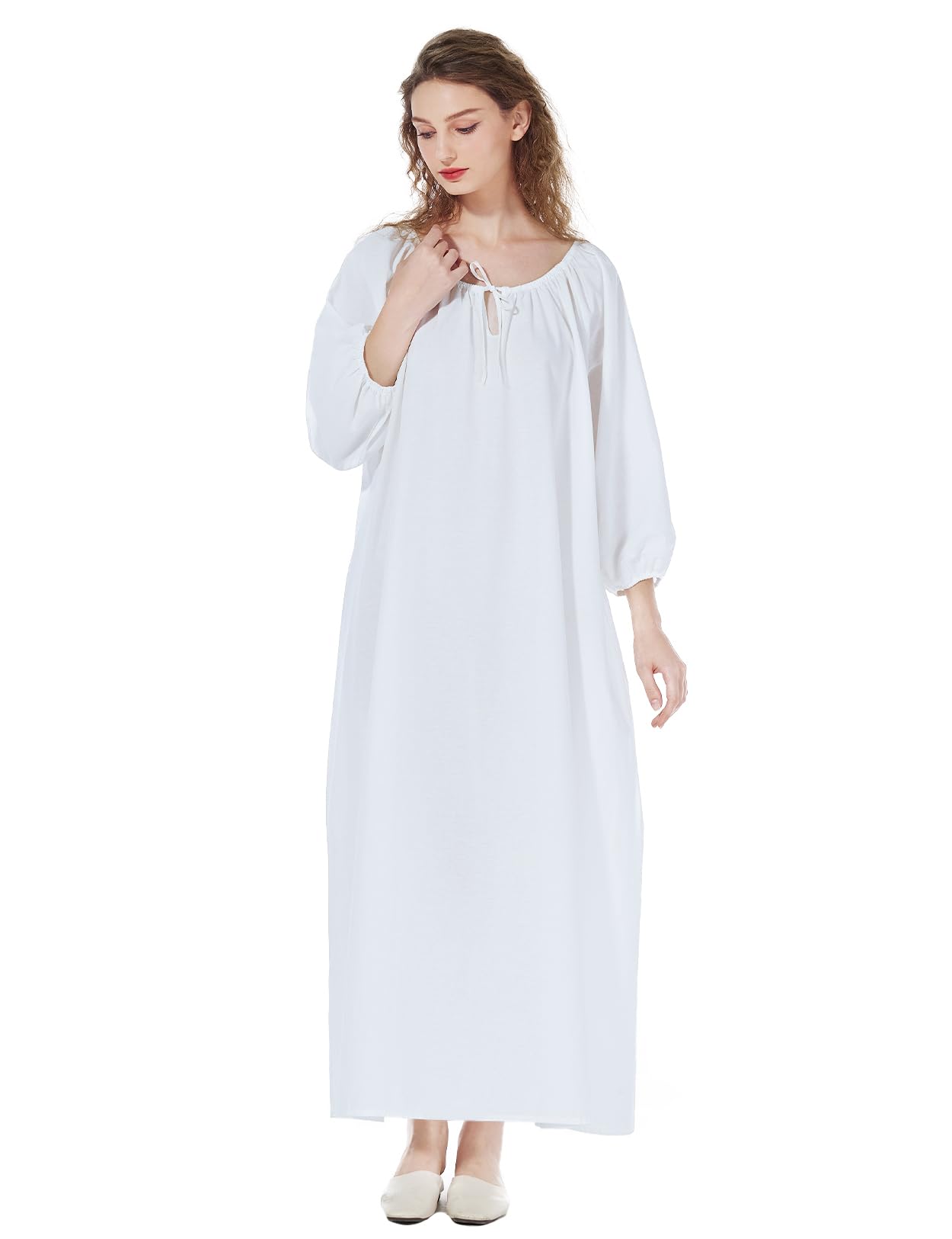 BEAUTELICATE Vintage Middeleeuwse Pyjama Nachtkleding Lang Victoriaans Nachthemd Dames 100% Katoen 3/4 Korte Mouwen U-Hals voor Home Reizen Cosplay (Wit,XXL