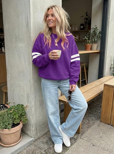 KevaMolly Women Varsity Striped Drop Shoulder Sweatshirt Purple L — view 2
