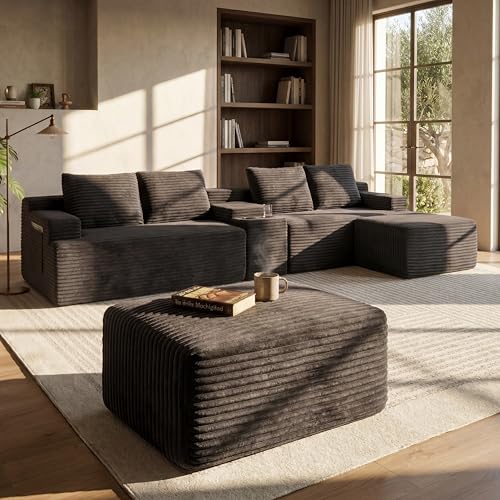 Image of 140 inch Modular Sectional Sofa Couch, Oversized U Shape Cloud Couch with 2 Ottomans, Storage and Cupholders, Corduroy Sofa Boneless Couches for Living Room, No Assembly Required, Dark Grey