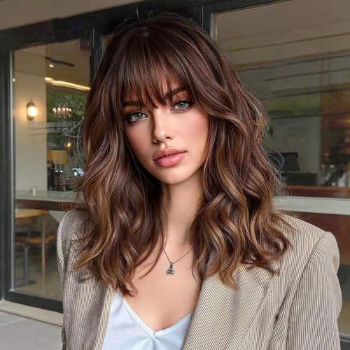 Lativ Brown Highlight Wigs for Women Wig with Bangs Layered Wavy Synthetic