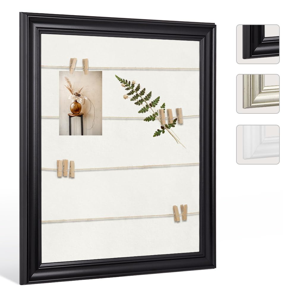 Cornice portafoto ATHEN con corda e 20 mollette in legno per appendere le foto e cartoline, 30 x 30 cm, nero (opaco) con passepartout in bianco crema, bacheca da parete