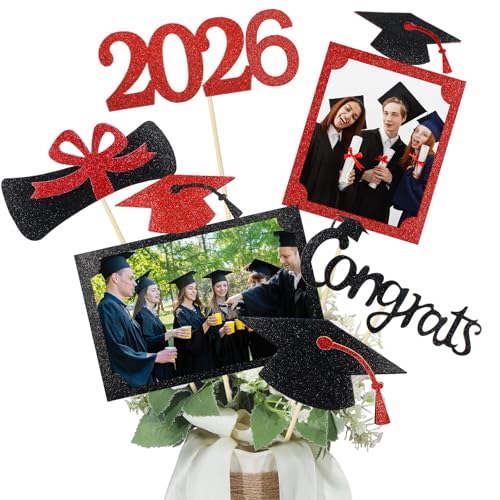 Qinyoung 2026 Graduation Decorations 30 Pcs Glittering Graduation Centerpiece for Tables Sticks Class of 2026 Grad Photo Centerpiece Party Decoration for Table Toppers(Red)