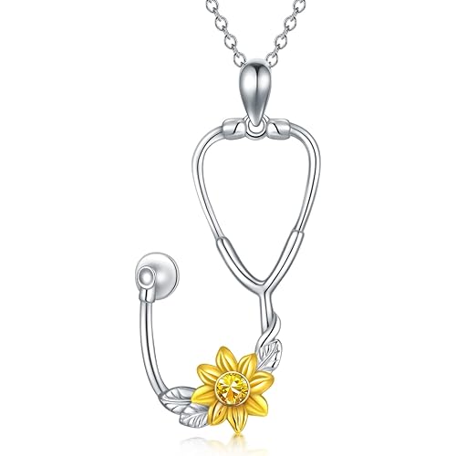 LONAGO Nurse Gifts for Women 925 Sterling Silver Stethoscope Sunflower RN Caduceus Nursing Themed Pendant, Registered Nurse Student Graduation Medical Jewelry