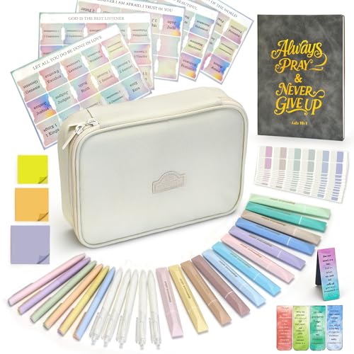Evoio 48 Pcs Bible Study Supplies Journaling Kit with No Bleed Highlighters, Tabs, Notebook and Pen Case - Annotation Kit, Bible Study Accessories Tools Kit for Women, Student, Beginner Christian Gift