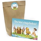 Kindergeburtstag Einladung Set mit je 8 Einladungskarten, Umschlägen, Tüten und Aufkleber - Motiv Schloss Ritter