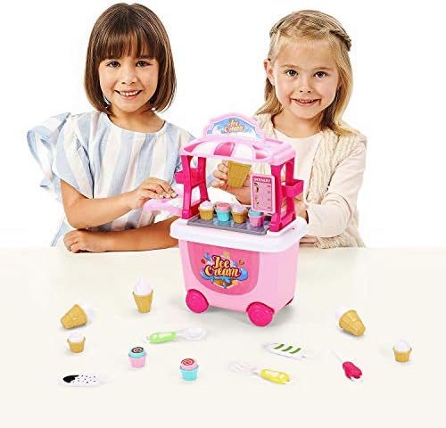 SOKA® Ice Cream Trolley Shop Cart for Children - 27 Pcs Ice Cream Parlour Pretend Food Play Set for Kid's Activity & Early Development Education - Gift for Boys Girls