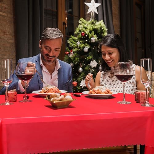 Image of NatNarr 6 Pack Red Tablecloths Plastic, Scalloped Christmas Table Cloths