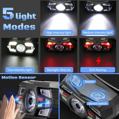 Lampe frontale LED rechargeable Lot de 3 avec capteur et 5 modes 2000 lm