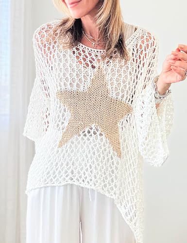 Ecosunny Womens Summer Crochet Hollow Out Scoop Neck Star Graphic Pullover Sweater Knit Tops Shirts Beach Cover Ups2