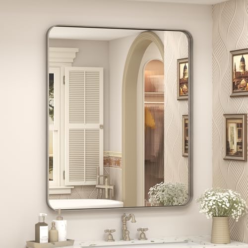 CHARMOR 24x28 Inch Silver Bathroom Mirror, Brushed Metal Framed Silver Vanity Mirror for Wall, Shatterproof, Anti- Rust, Horizontally or Vertically Mounted