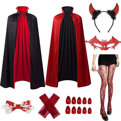 GWAWG - GWAWG Halloween Devil Costume pour Les Femmes Filles, 140cm Long Manteau avec Masque Corne Gant Bas ongle, 40Pcs Paquet Accessoires Premium, Robe Fantaisie Tenue pour masquerades fêtes à thème