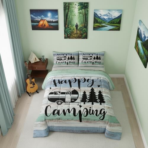 RV Camper Comforter 3 Pieces,Happy Camping Duvet Set for Boys Kids Teens Rustic Farmhouse Style Bedding,Black Sketch Drawing Bedding Comforters Vintage Old Barn Door Inner Fill,Queen Size