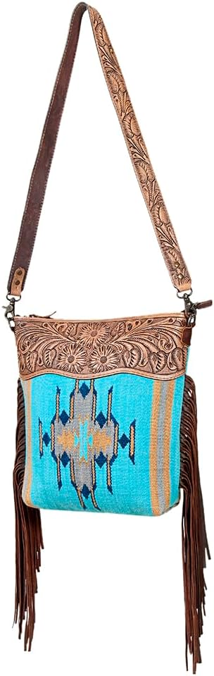 American Darling Signature Cross Body Bag Hand Tooled Floral Hand Woven Saddle Blanket Leather Crossbody with Fringes