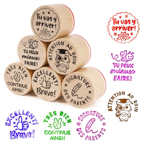 6PCS Tampons Bois En Caoutchouc pour Enseignants Tampons Récompense Motivation Phrase Appréciations Encouragement Cadeau pour Fête des Enseignants Maîtresse D'école