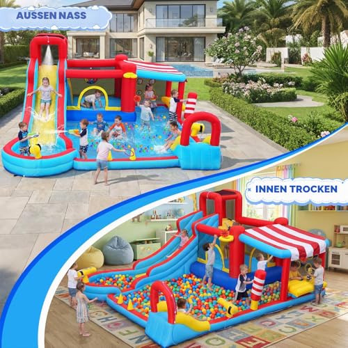 Aufblasbare Wasserrutsche 15‑in‑1 Hüpfburg Wasserpark mit Langer Rutsche & großem Pool, Snack‑Stand mit Sonnendach, Mini‑Rutsche, Sprühnebel & Wasserkanonen für Kinder, Garten Outdoor Party Geschenk