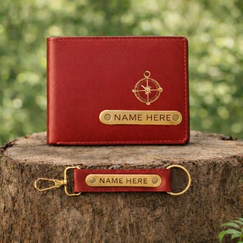 Image of Premium Customized Wallet & Keychain Combo for Men - Stylish Faux Leather Gift Set with Personalized Name & Charm - Ideal Birthday, Anniversary & Festival Present (Red)