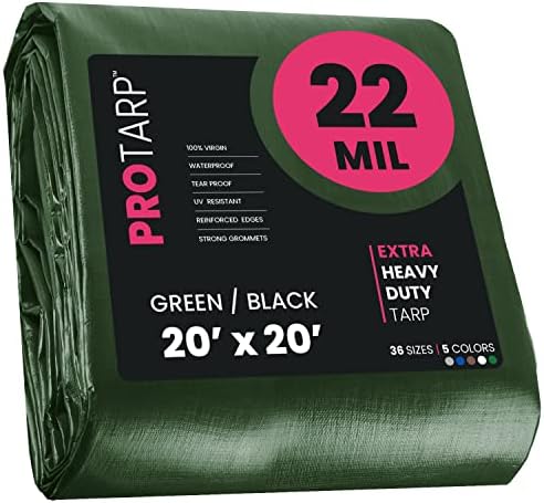 PROTARP Extreme Heavy Duty 22 Mil Tarp Cover, Waterproof, UV Resistant, Rip and Tear Proof, Poly Tarpaulin with Reinforced Edges for Roof, Camping, Patio, Pool, Boat. (Green/Black 20′ X 20′)