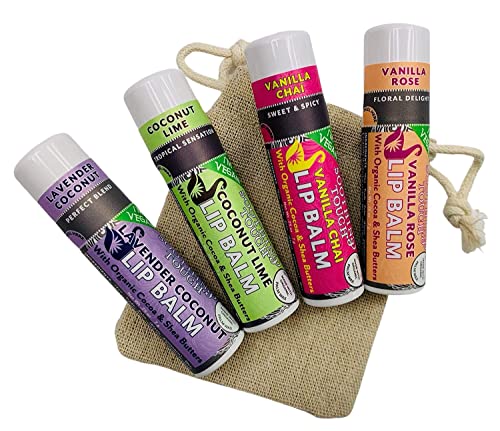 Soothing Touch Vegan Lip Balm - Coconut Lavender, Coconut Lime, Vanilla Rose, Vanilla Chai - Variety Pack Of 4, Includes Bonus Muslin Pouch, Large 0.25 Oz Size #TOP1