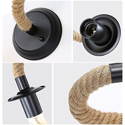 2Packs Applique Murale Vintage, Lampe Murale Corde de Chanvre, E27 Rétro Applique Murale Interieur pour Couloir Loft Chambre Café Bar (sans Ampoule) - Image 4